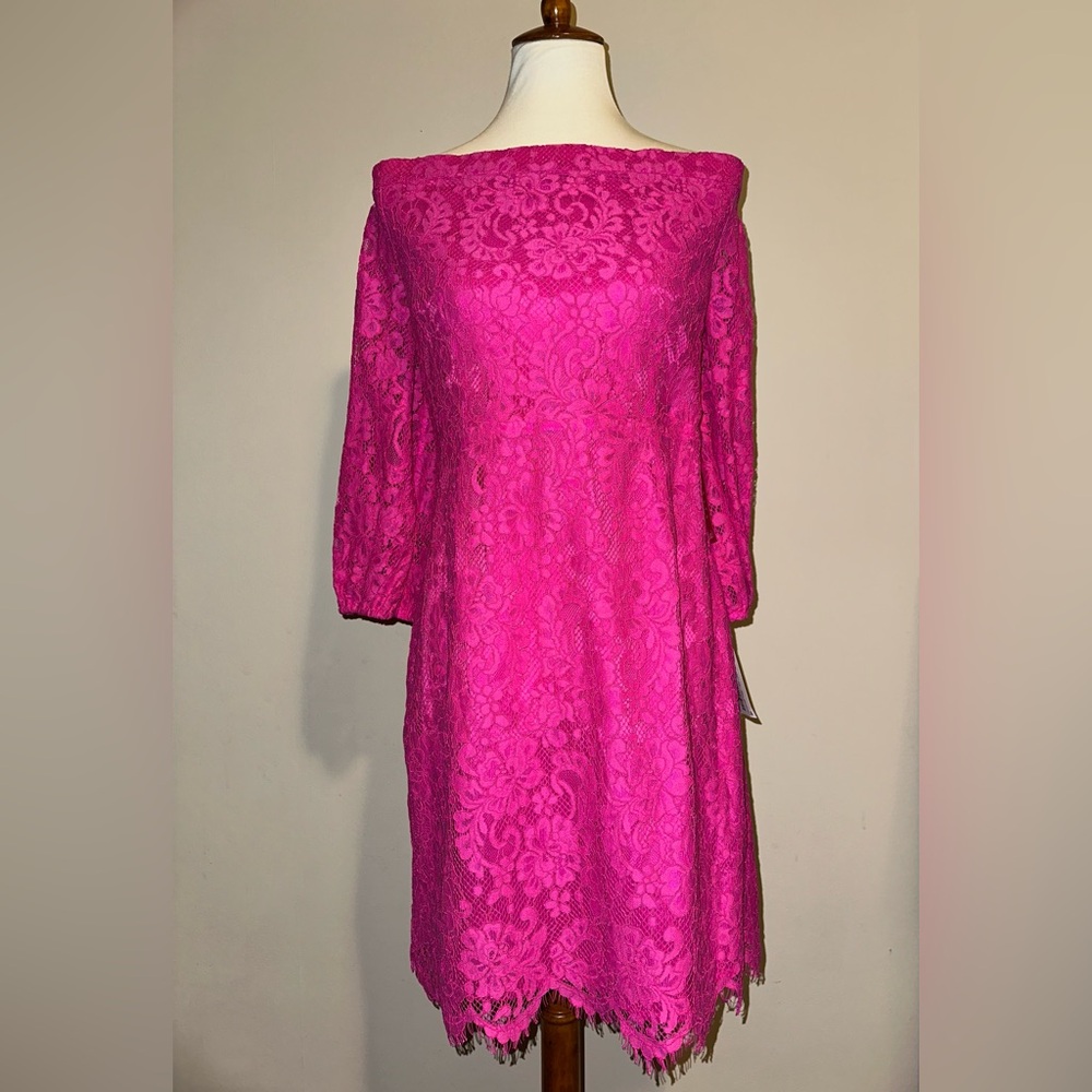 Trina Turk Fuchsia Hot Pink Lace Off the Shoulder Dress - Picture 2 of 16